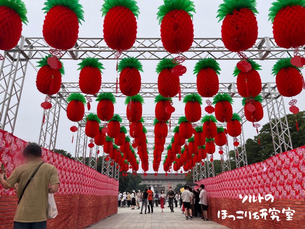 台湾フェスティバルTOKYO2022の会場内に装飾されている多数の赤いパイナップル飾りの写真。